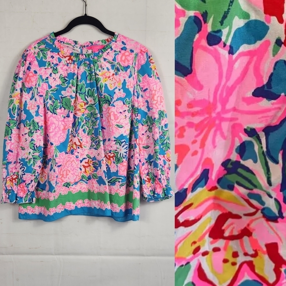 Lilly Pulitzer Preppy Colorful Trista Blouse Top Multi Rose to the Occasion L - Picture 2 of 14